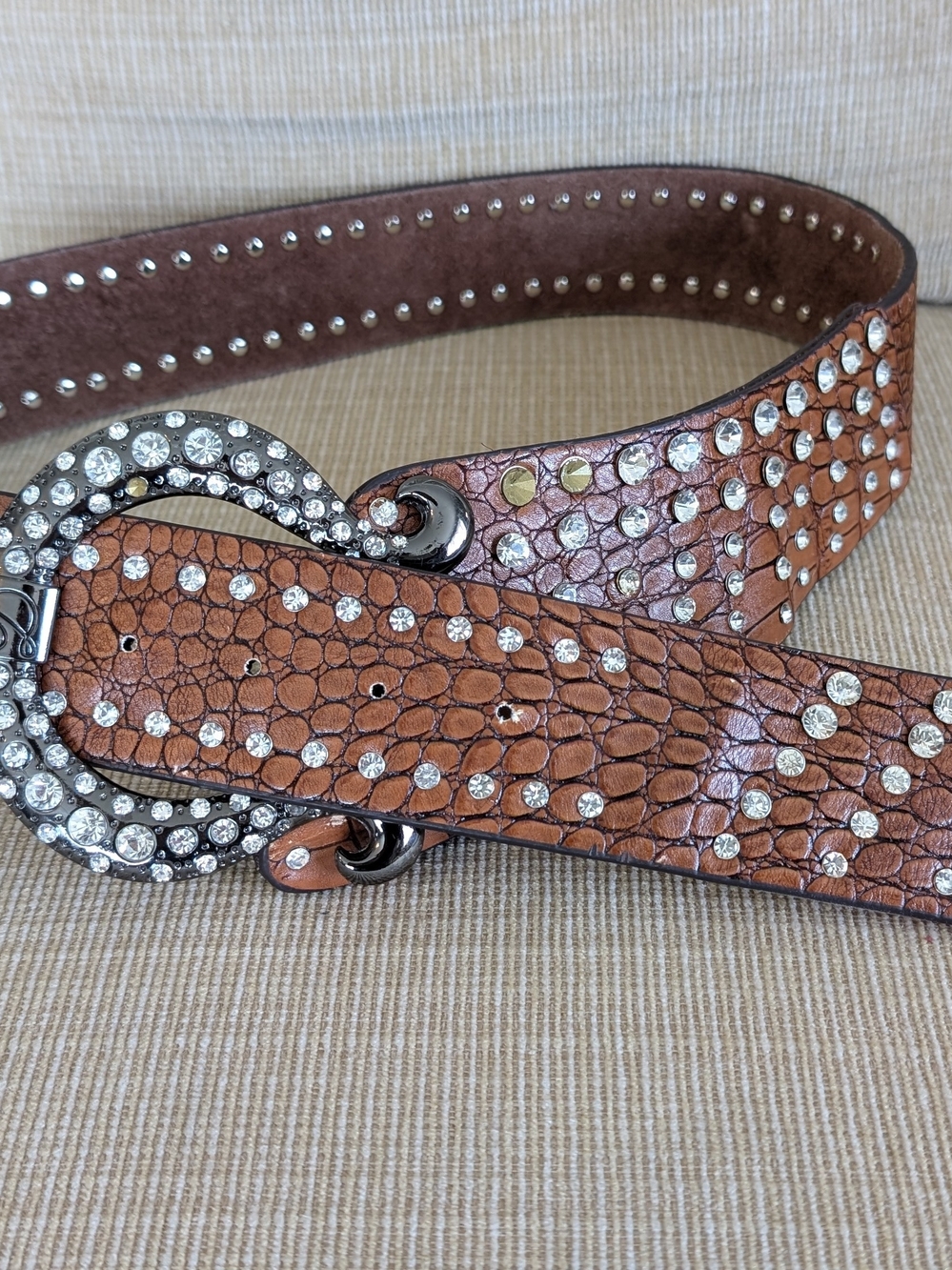 Brown Faux-Croc Rhinestone Embellished Western-Style Belt - Women's Small